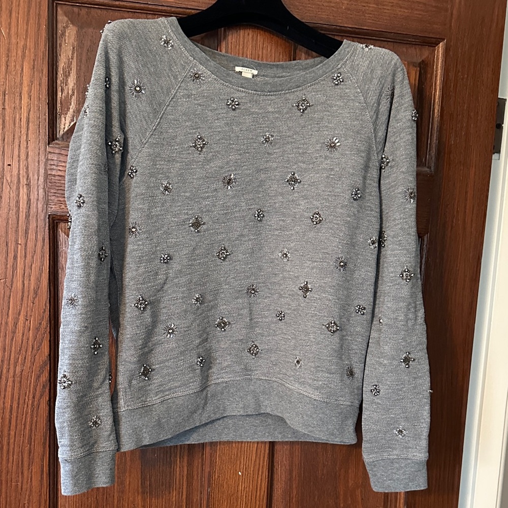 J. Crew Gray Embellished Crew Neck Sweater